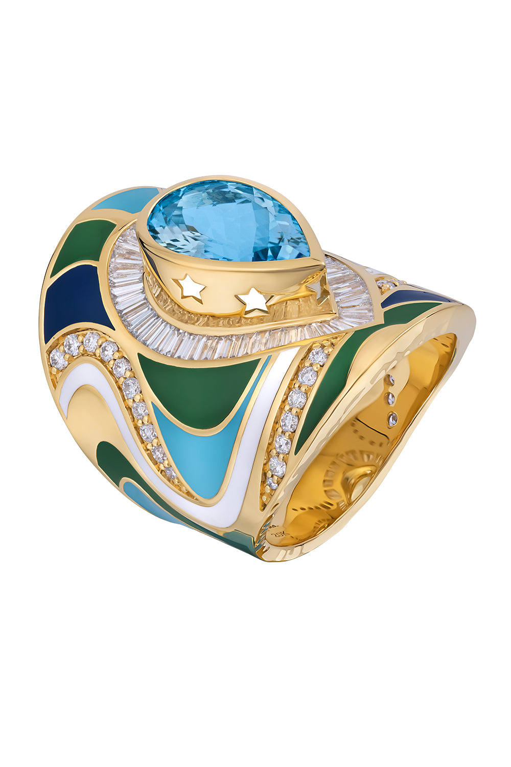 Aquamarine Diamond Aspen Swirl Enamel Ring-YELLOW GOLD-8-JEWELRYFINE JEWELRING-BUDDHA MAMA
