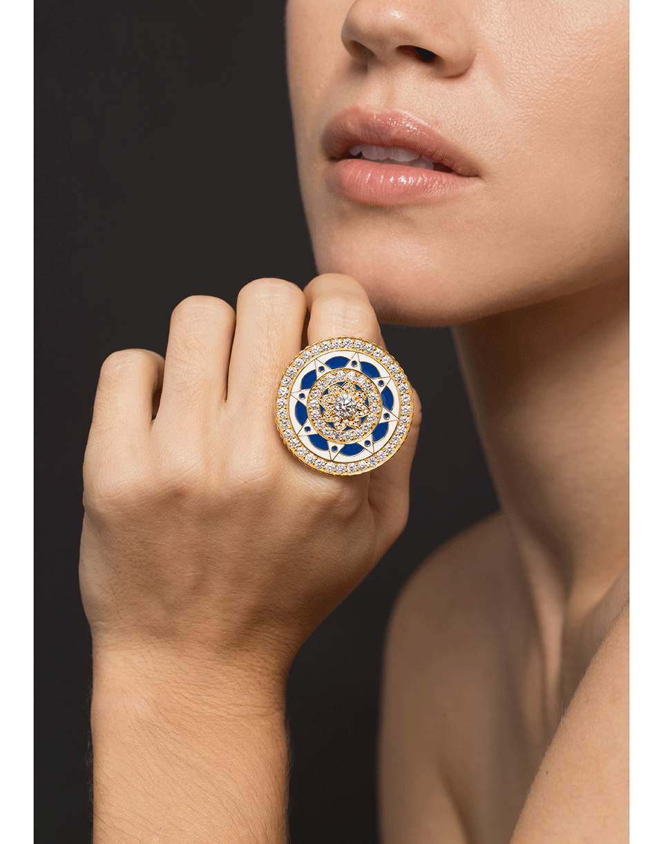 BUDDHA MAMA-Navy And White Enamel Diamond Coin Ring-YELLOW GOLD