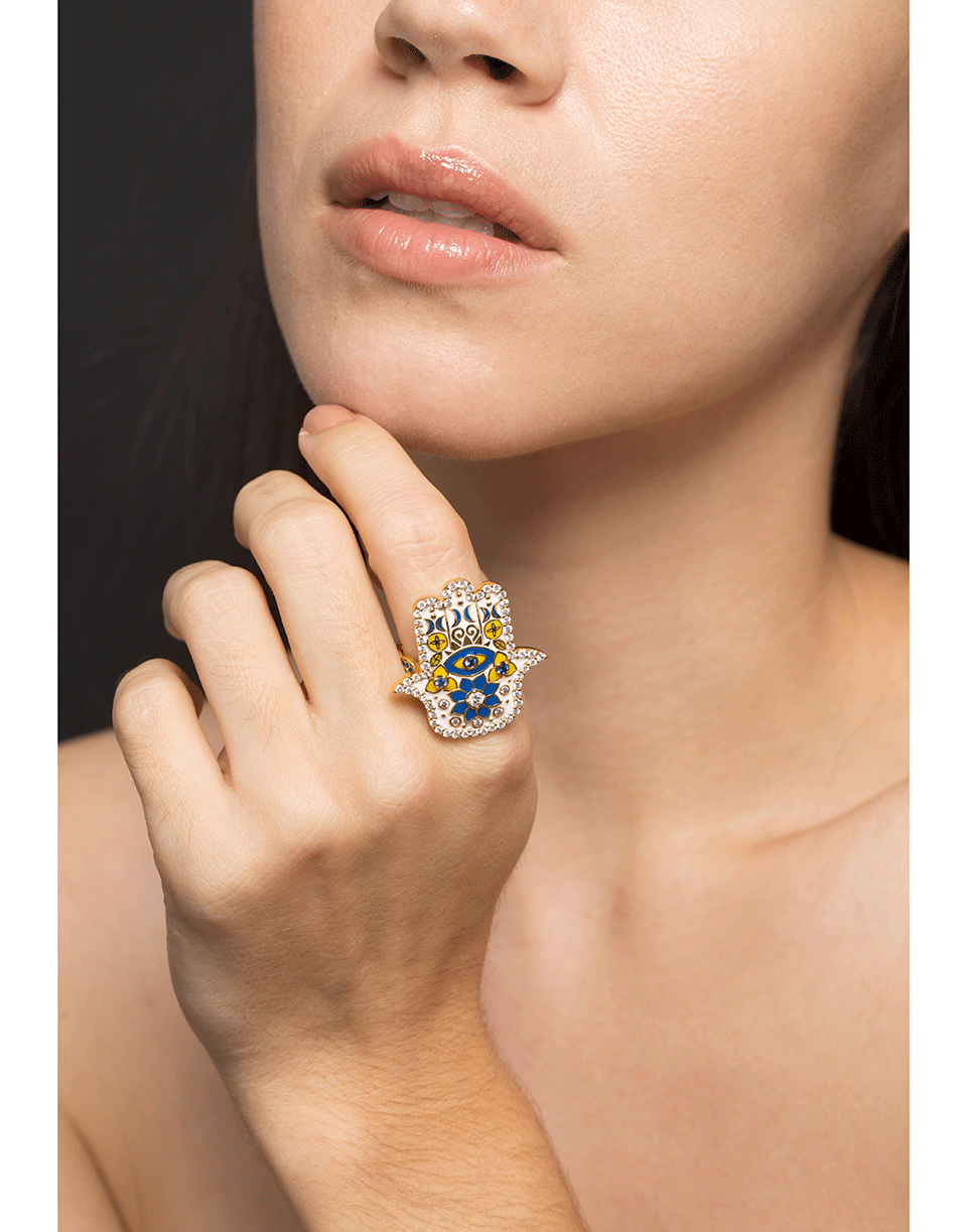 BUDDHA MAMA-White Enamel Hamsa Ring-YELLOW GOLD