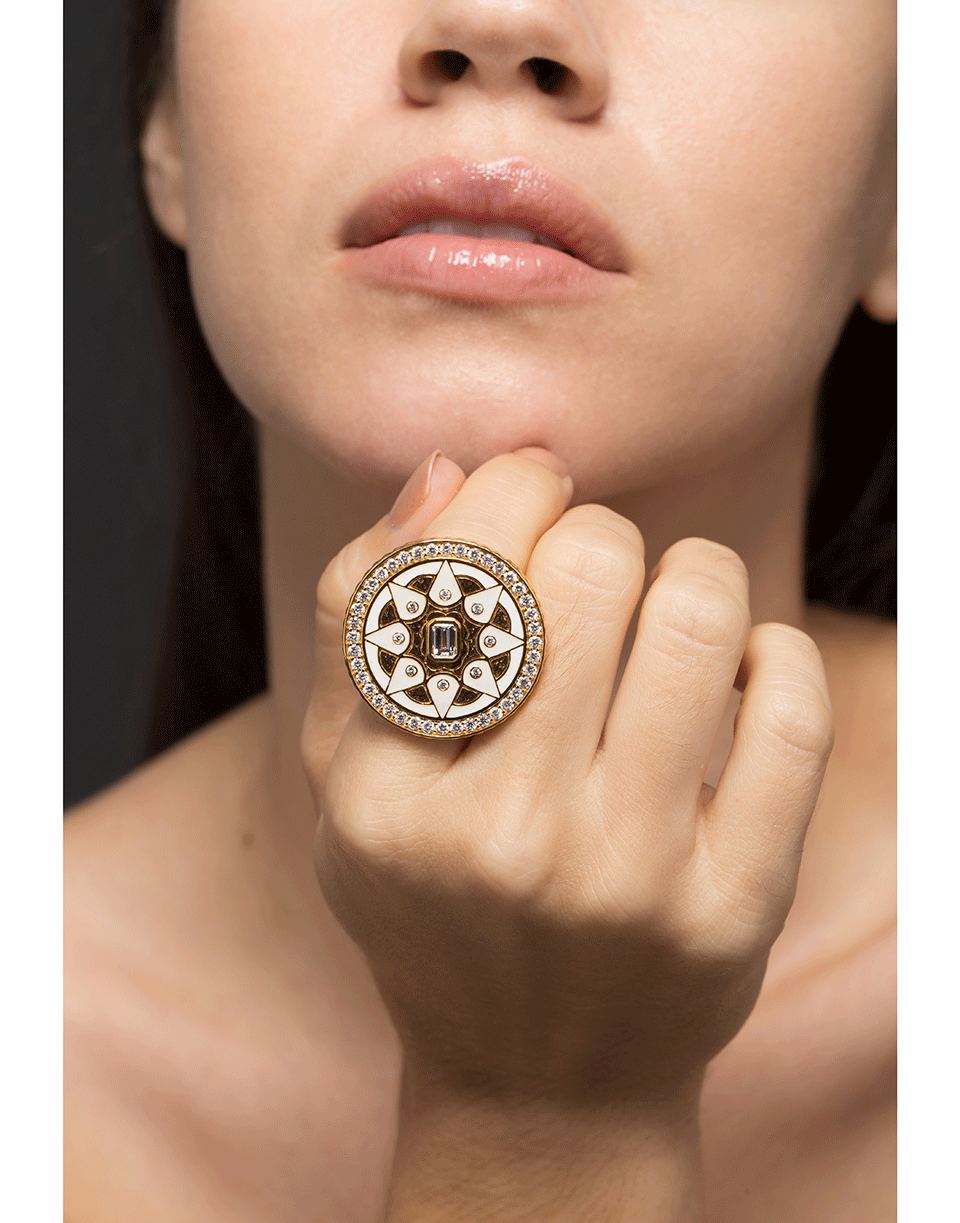 BUDDHA MAMA-White Enamel And Diamond Coin Ring-YELLOW GOLD