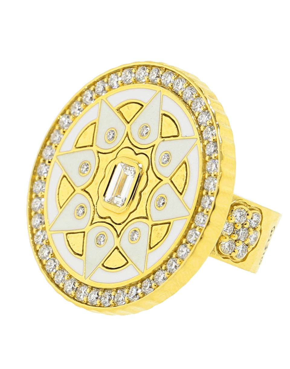 BUDDHA MAMA-White Enamel And Diamond Coin Ring-YELLOW GOLD
