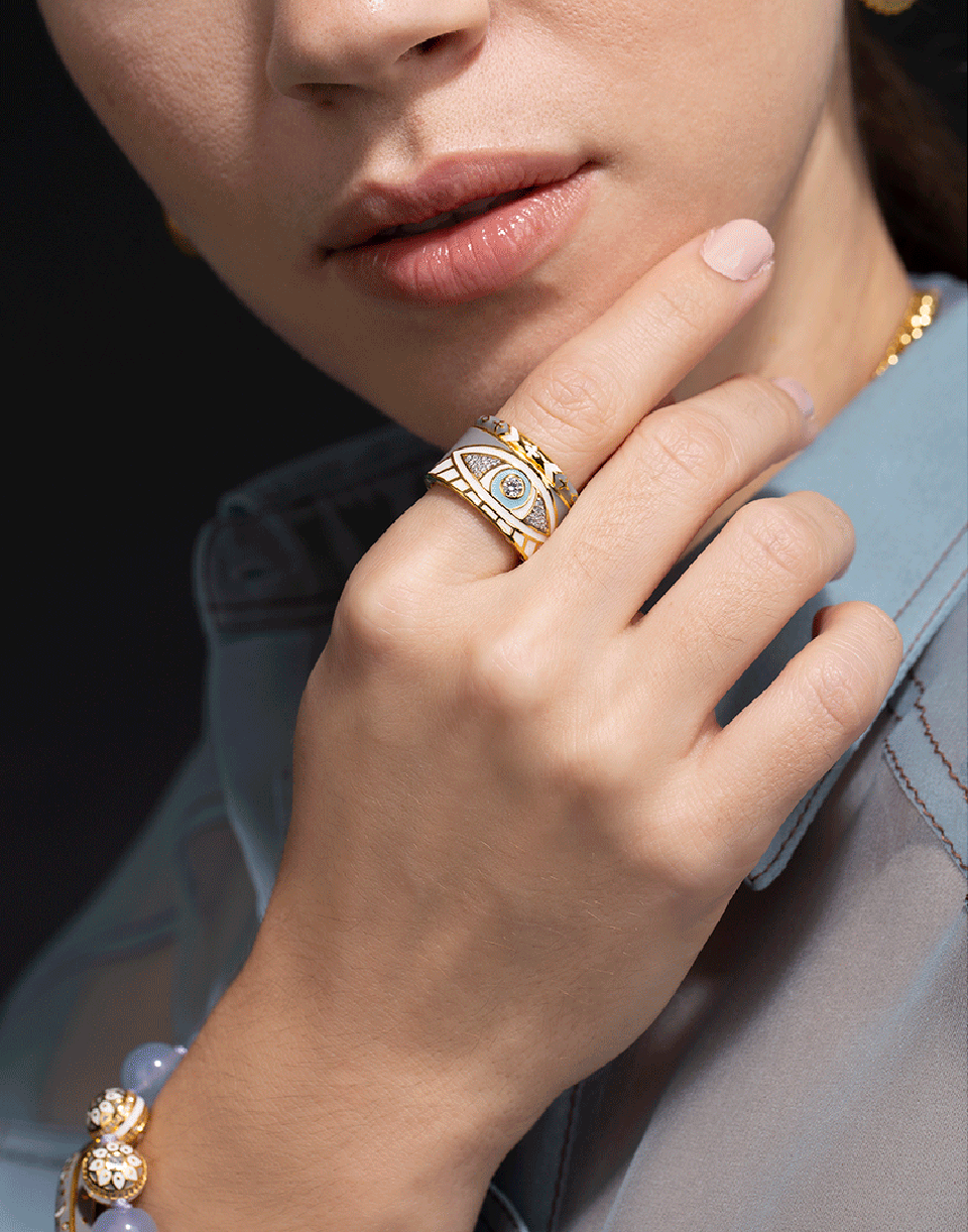 BUDDHA MAMA-Skinny Grey and White Enamel Ring-YELLOW GOLD