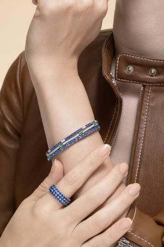 Blue Sapphire Diamond Two Alternating Tennis Stretch Bracelet-WHITE GOLD-JEWELRYFINE JEWELBRACELET O-ROBERTO DEMEGLIO