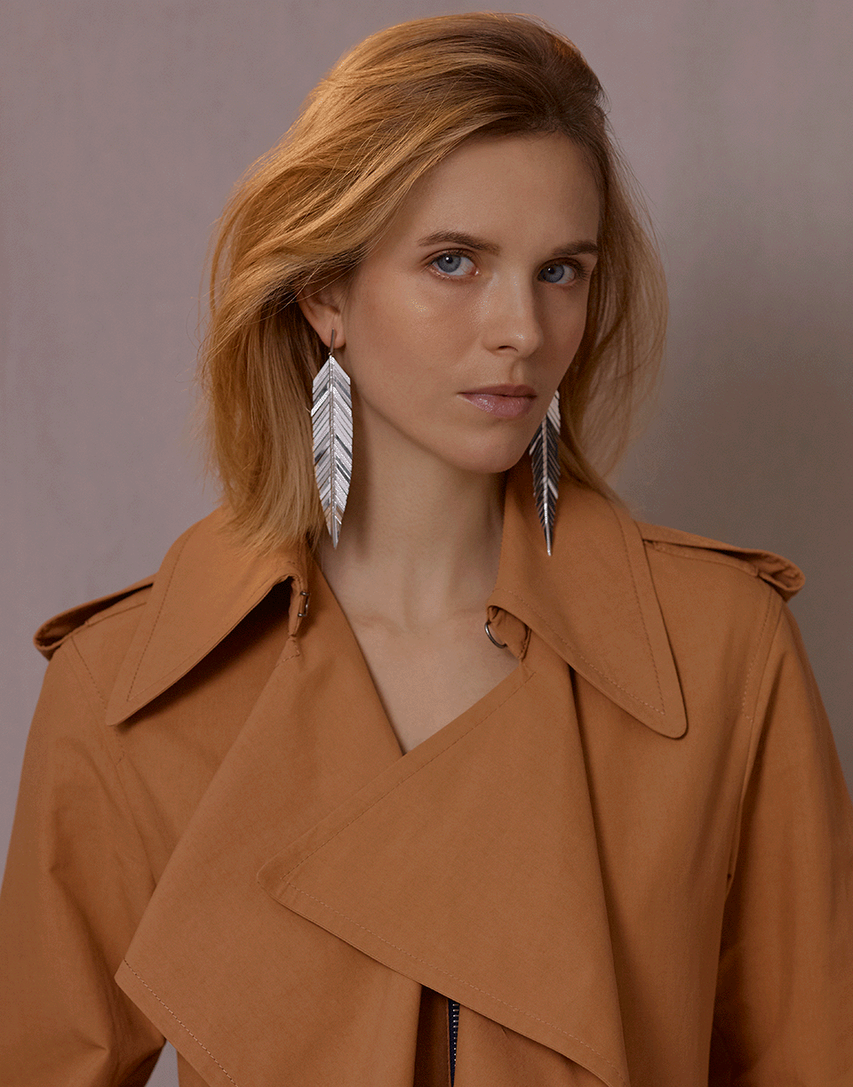 CADAR-Large Feather Drop Earrings-WHITE GOLD