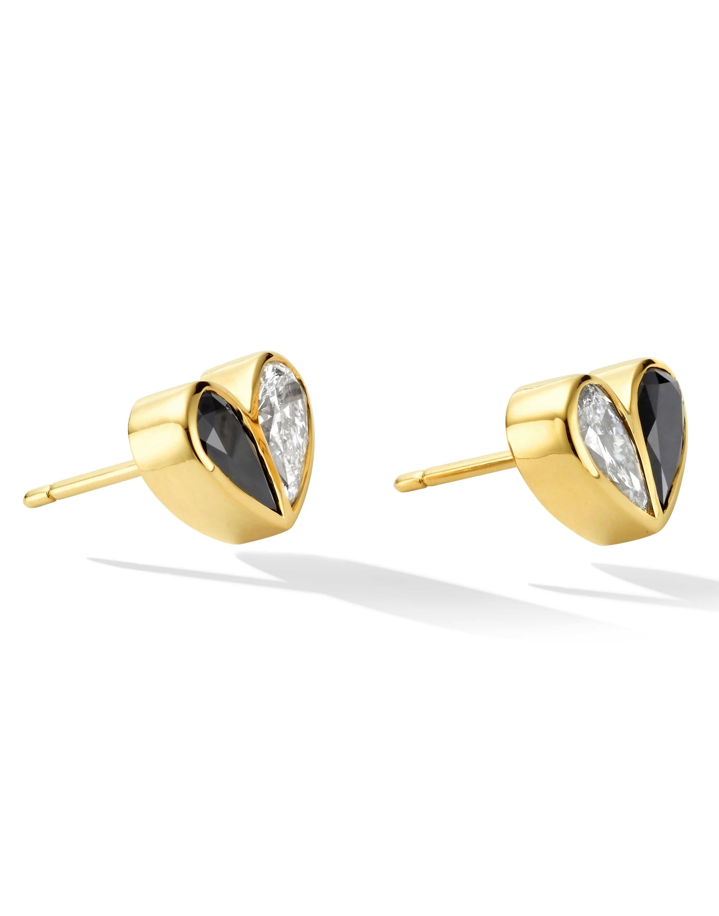CADAR-Black and White Diamond Heart Studs-YELLOW GOLD