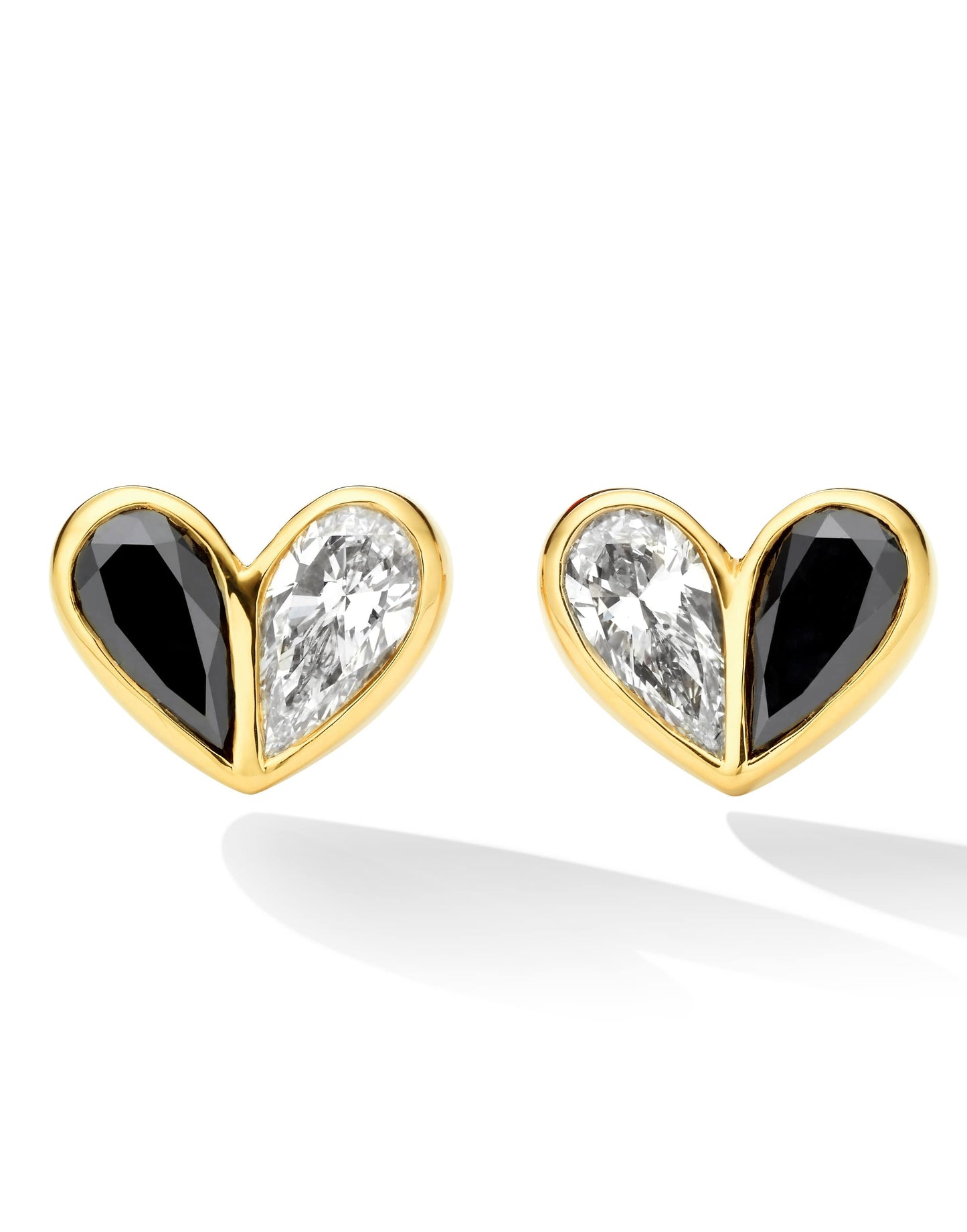 CADAR-Black and White Diamond Heart Studs-YELLOW GOLD