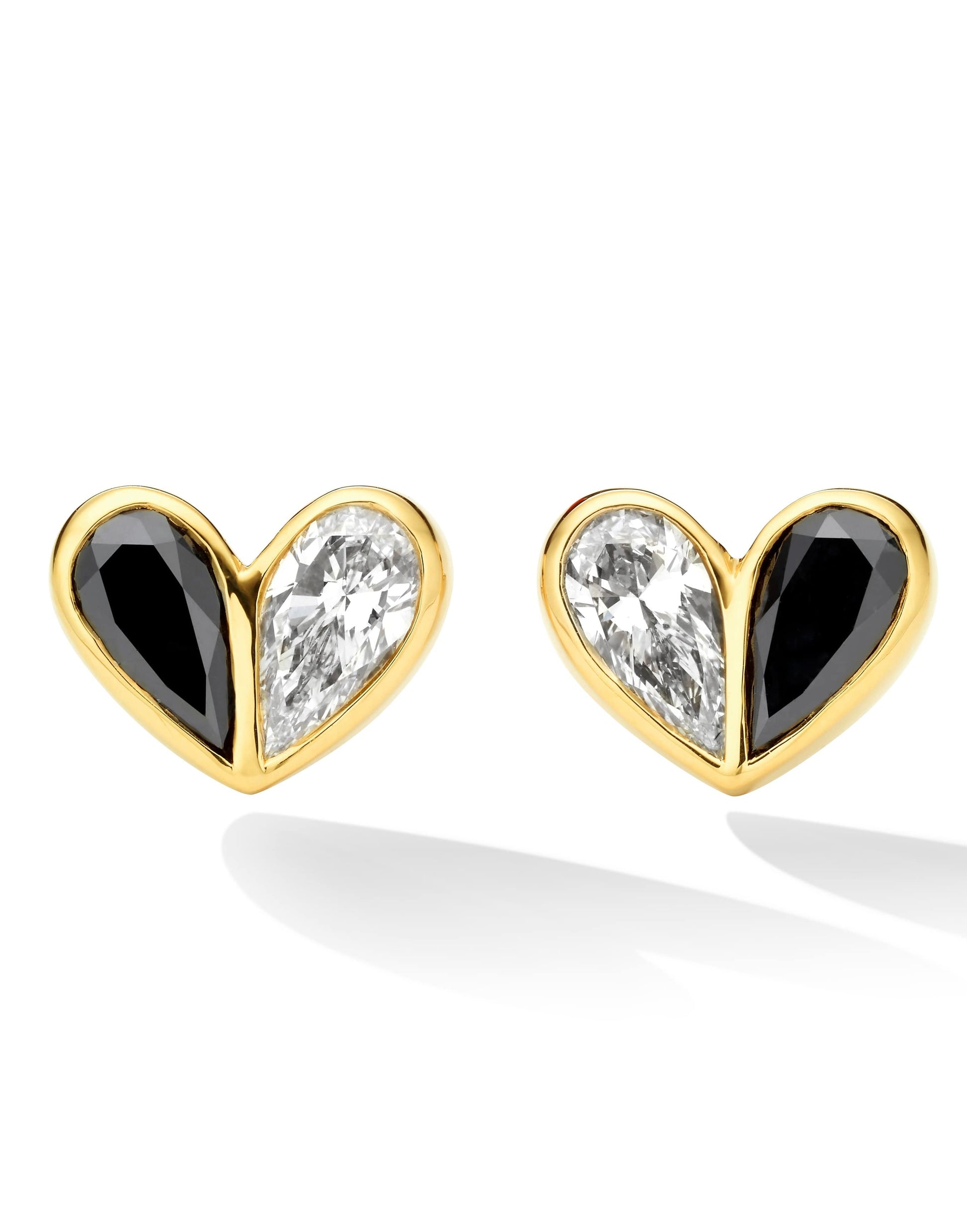 CADAR-Black and White Diamond Heart Studs-YELLOW GOLD