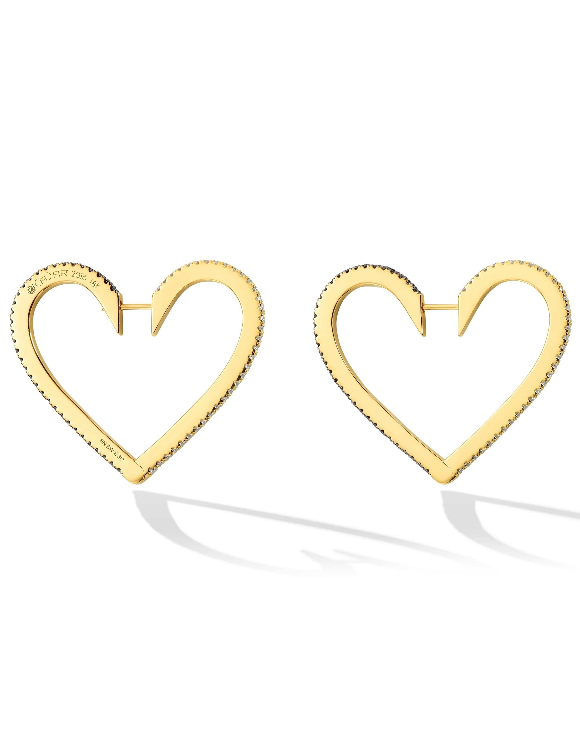 CADAR-Large Black and White Diamond Heart Hoops-YELLOW GOLD