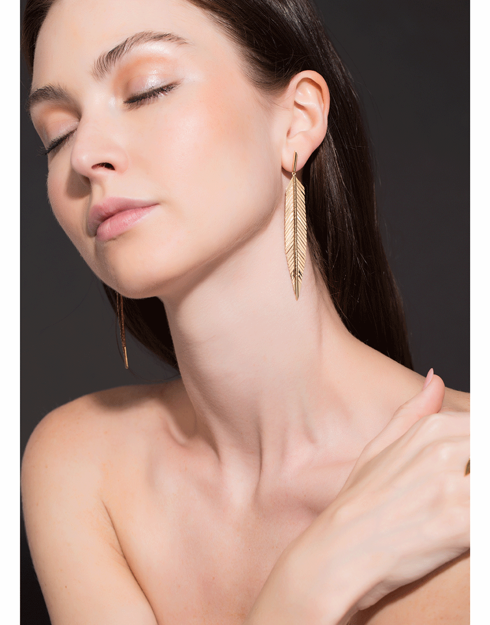 CADAR-Medium Feather Drop Earrings-YELLOW GOLD