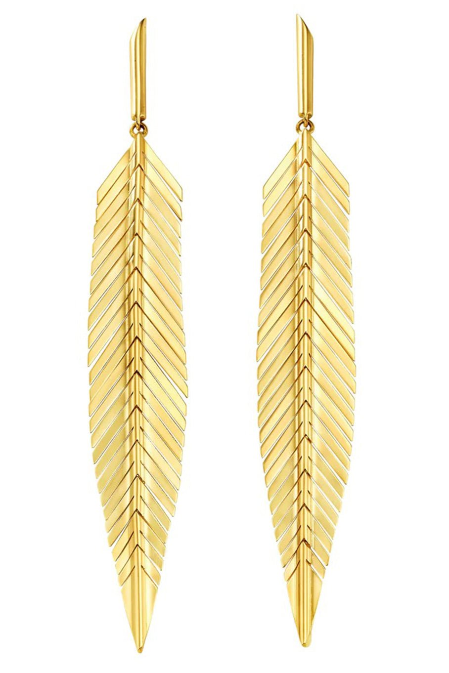 CADAR-Yellow Gold Medium Feather Drop Earrings-YELLOW GOLD
