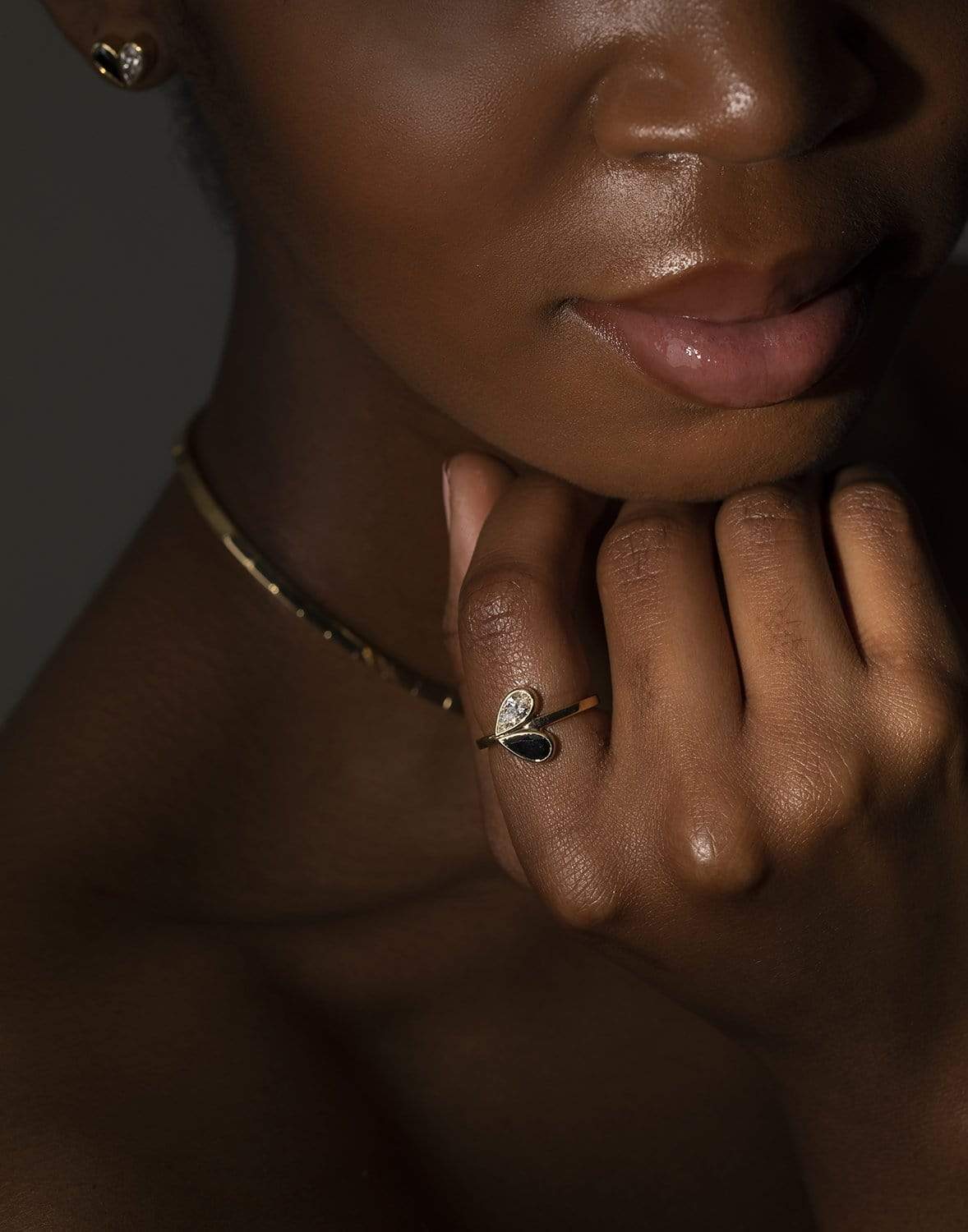 CADAR-Black and White Diamond Unconditional Love Ring-YELLOW GOLD