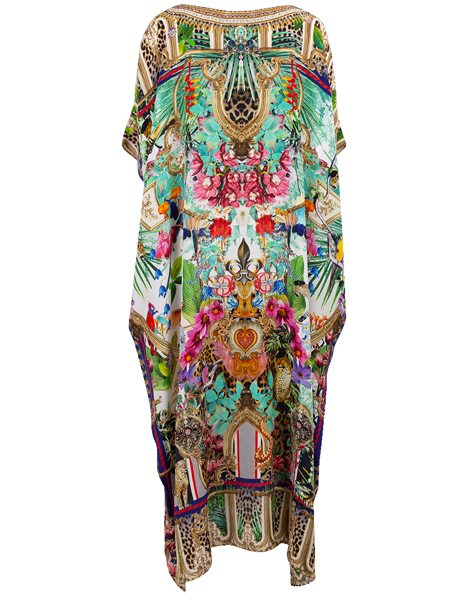 CAMILLA-Round Neck Printed Silk Caftan-CHAMPAGN