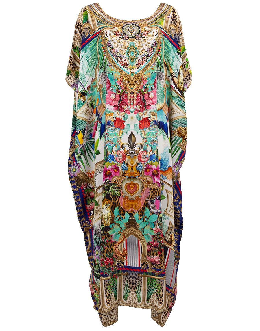 CAMILLA-Round Neck Printed Silk Caftan-CHAMPAGN