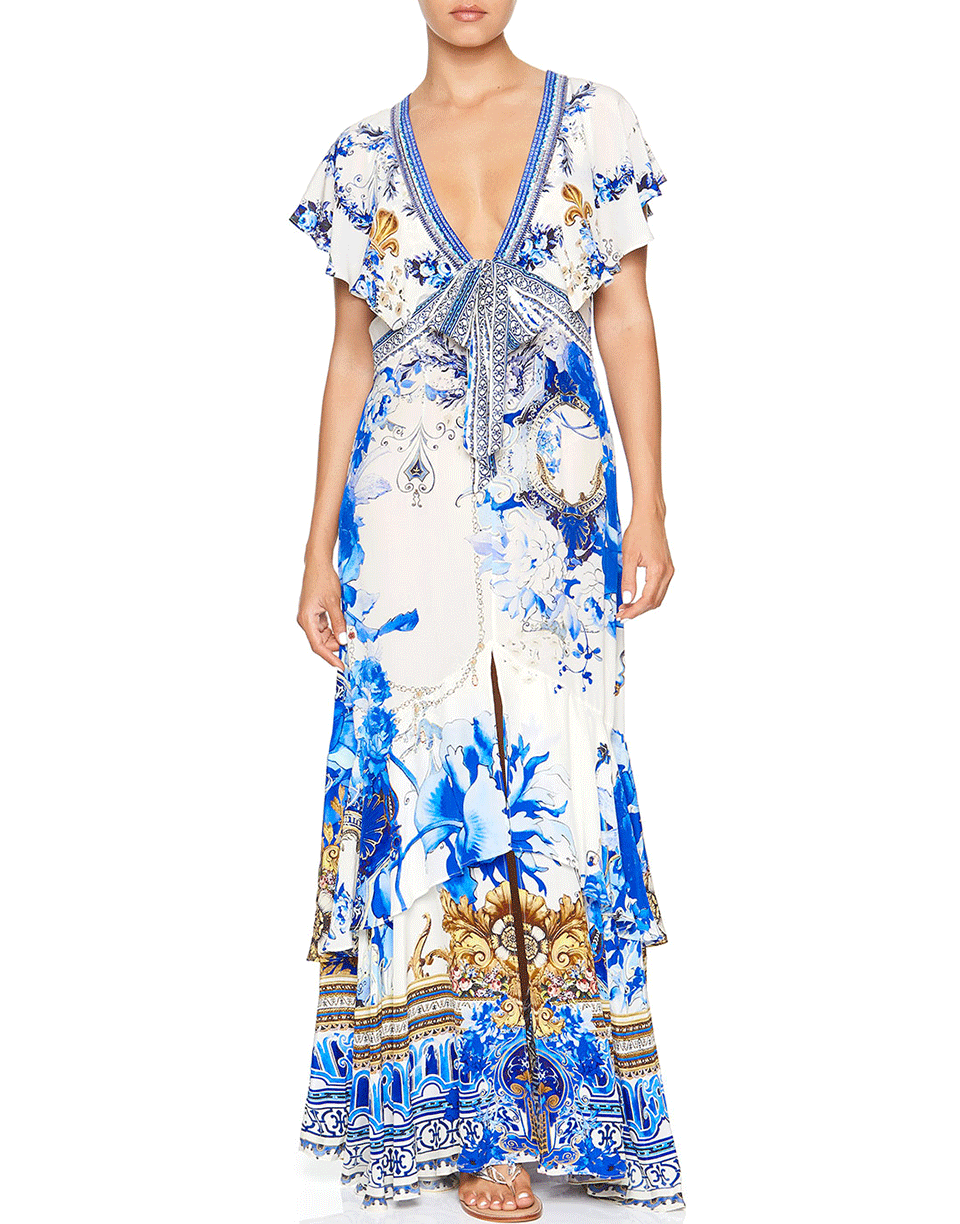 CAMILLA-Tie Front Printed Maxi Dress-