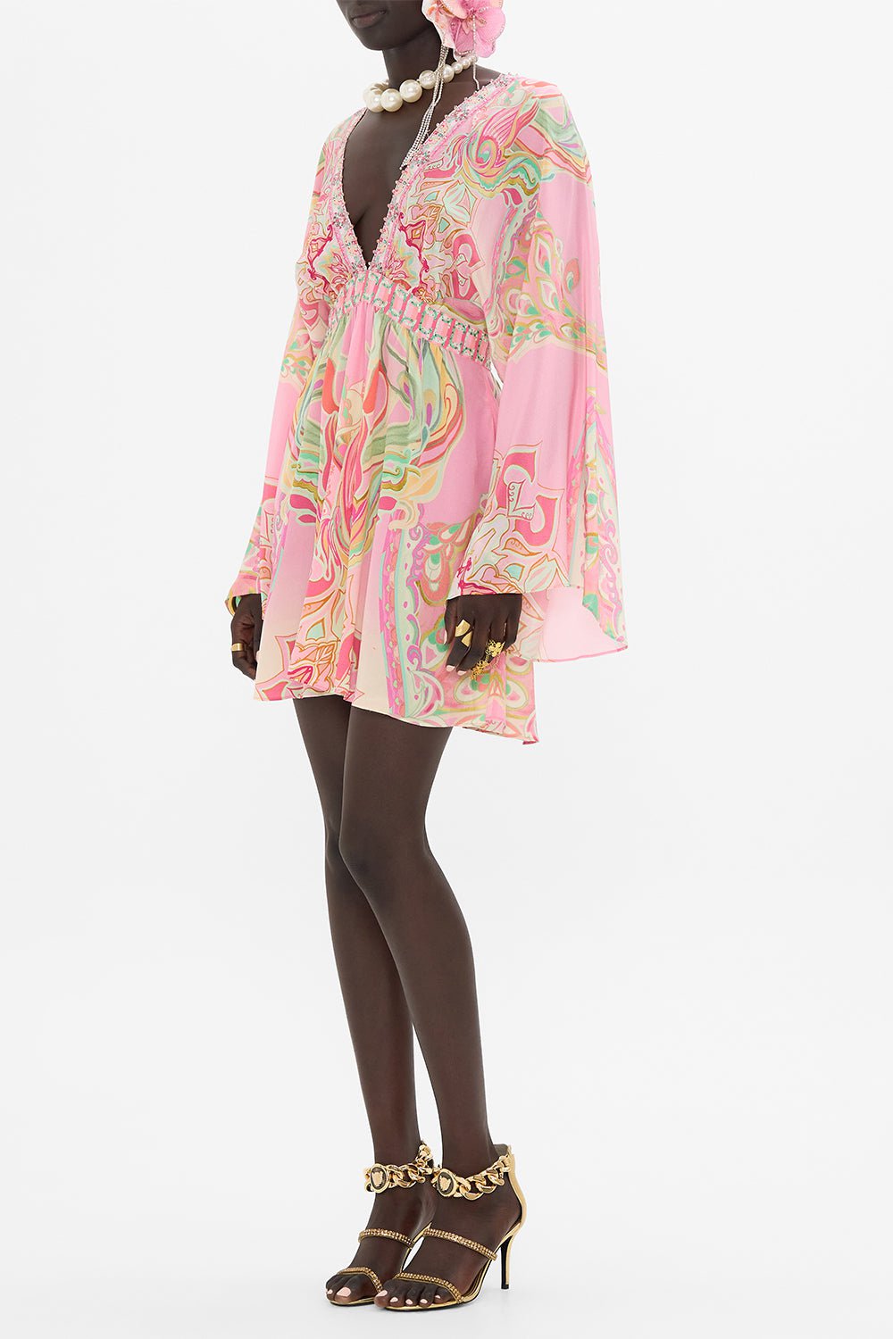 CAMILLA-Gathered Kimono Mini Dress-