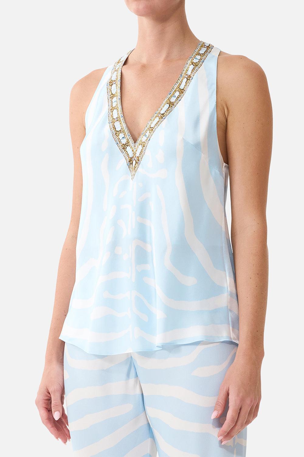 Knotted Back V Neck Top-STRIPE-XS-CLOTHINGTOPBLOUSE-CAMILLA 