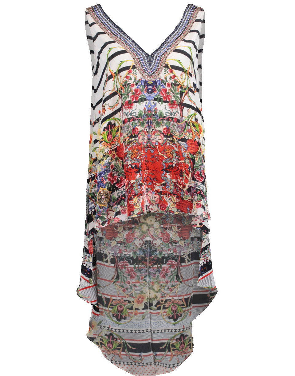 CAMILLA-Split Back V-Neck Printed Top-