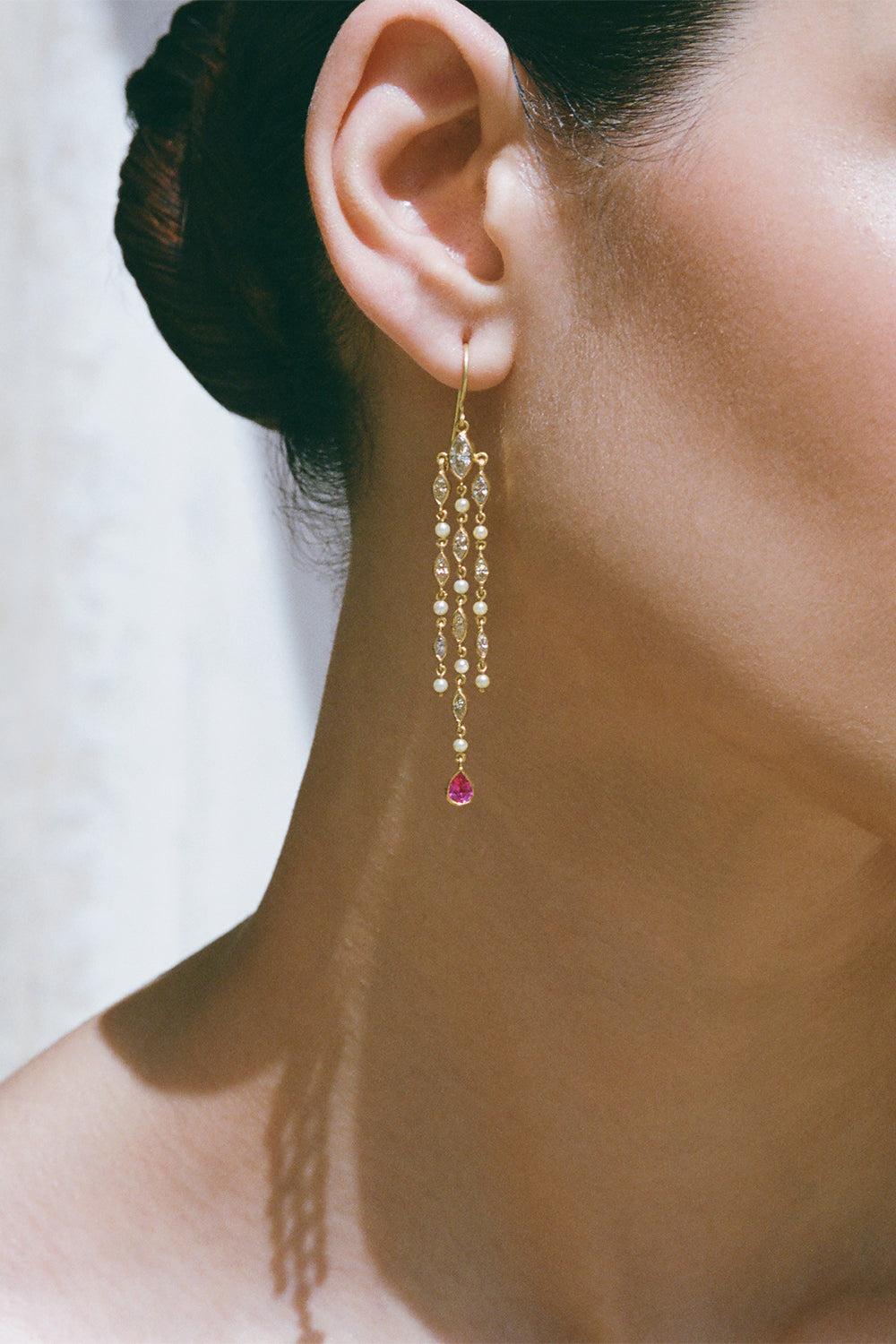 Pink Sapphire Diamond Pearl Drop Earrings-YELLOW GOLD-JEWELRYFINE JEWELEARRING-CAMILLE BEINHORN