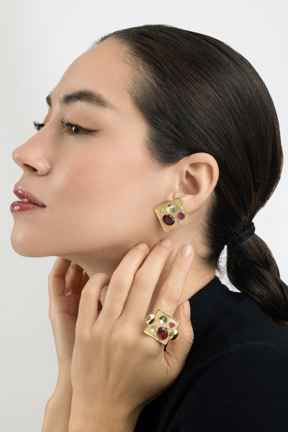 Pink Tourmaline Diamond Rocks Earrings-YELLOW GOLD-JEWELRYFINE JEWELEARRING-CAROL KAUFFMANN