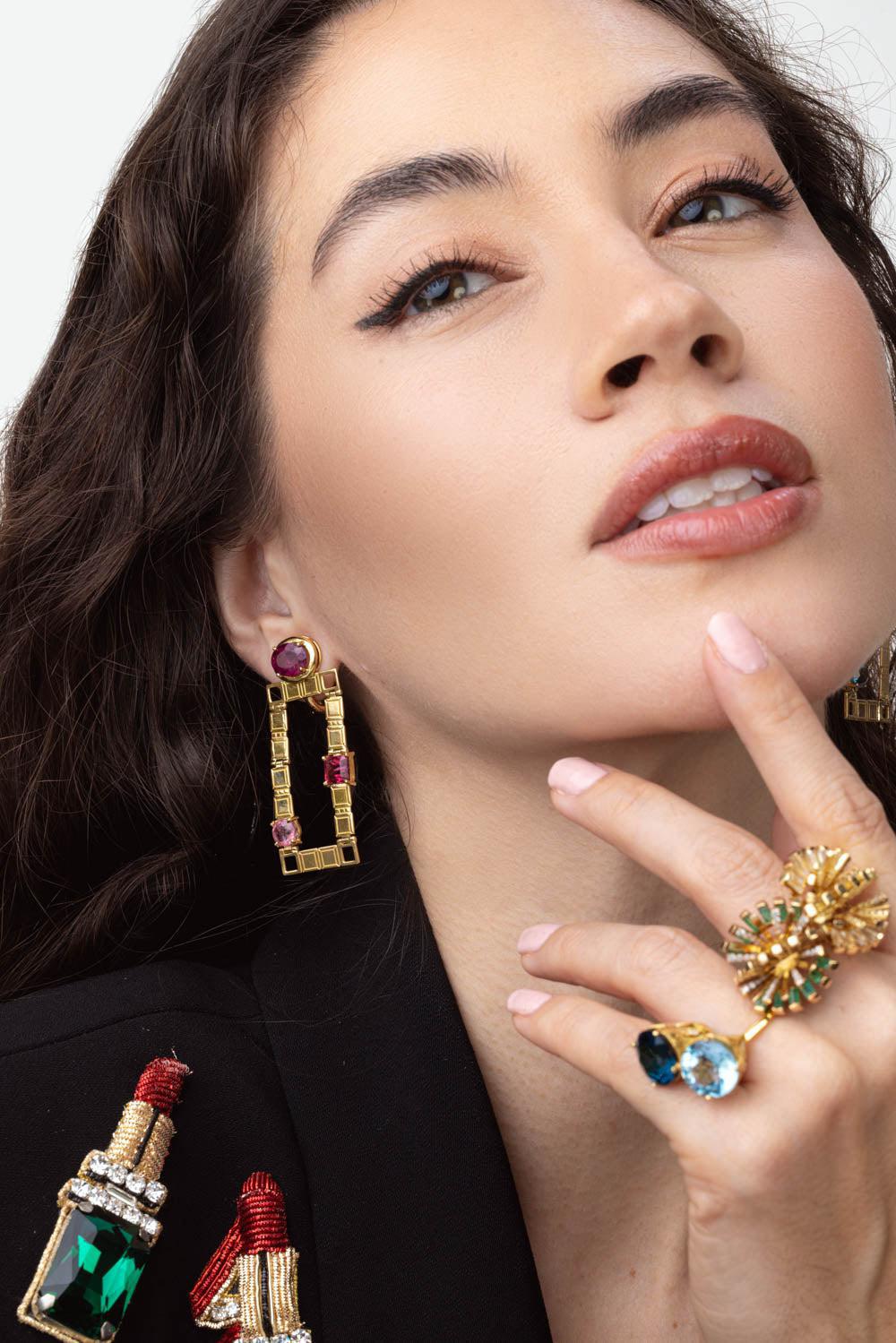 CAROL KAUFFMANN-Pink Tourmaline Golden Link Earrings-YELLOW GOLD