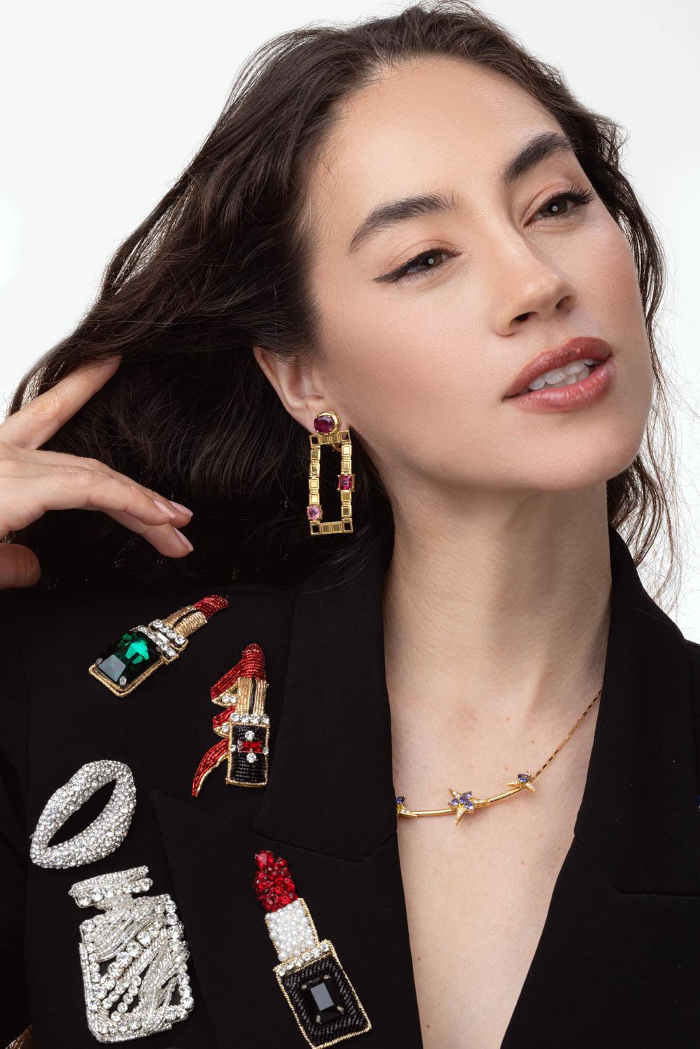 CAROL KAUFFMANN-Pink Tourmaline Golden Link Earrings-YELLOW GOLD