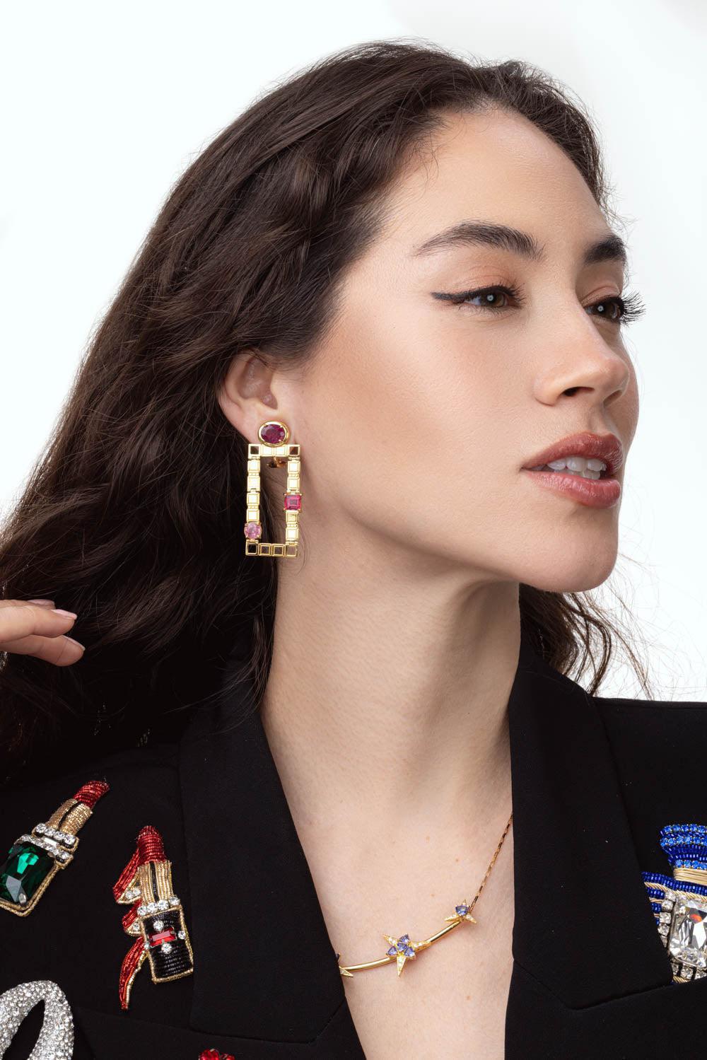 CAROL KAUFFMANN-Pink Tourmaline Golden Link Earrings-YELLOW GOLD