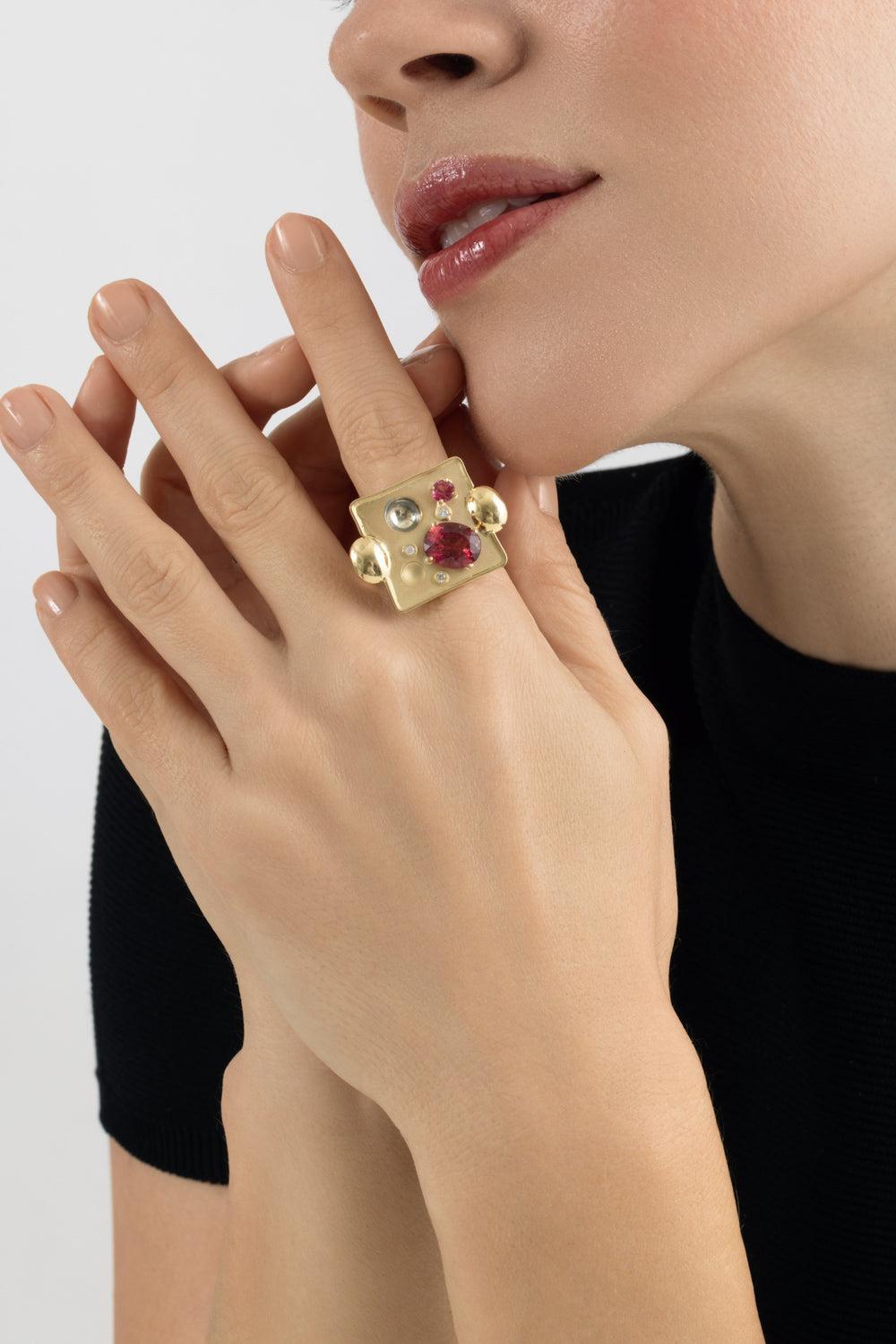  Pink Tourmaline Rocks Ring-YELLOW GOLD-7.5-JEWELRYFINE JEWELRING-CAROL KAUFFMANN 