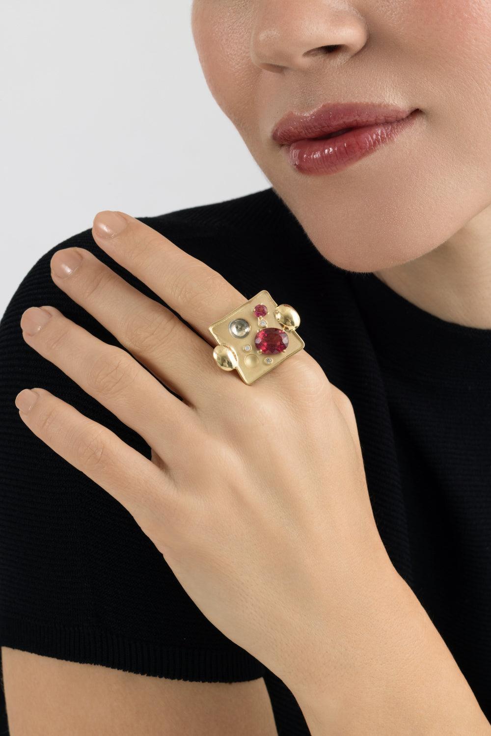  Pink Tourmaline Rocks Ring-YELLOW GOLD-7.5-JEWELRYFINE JEWELRING-CAROL KAUFFMANN 