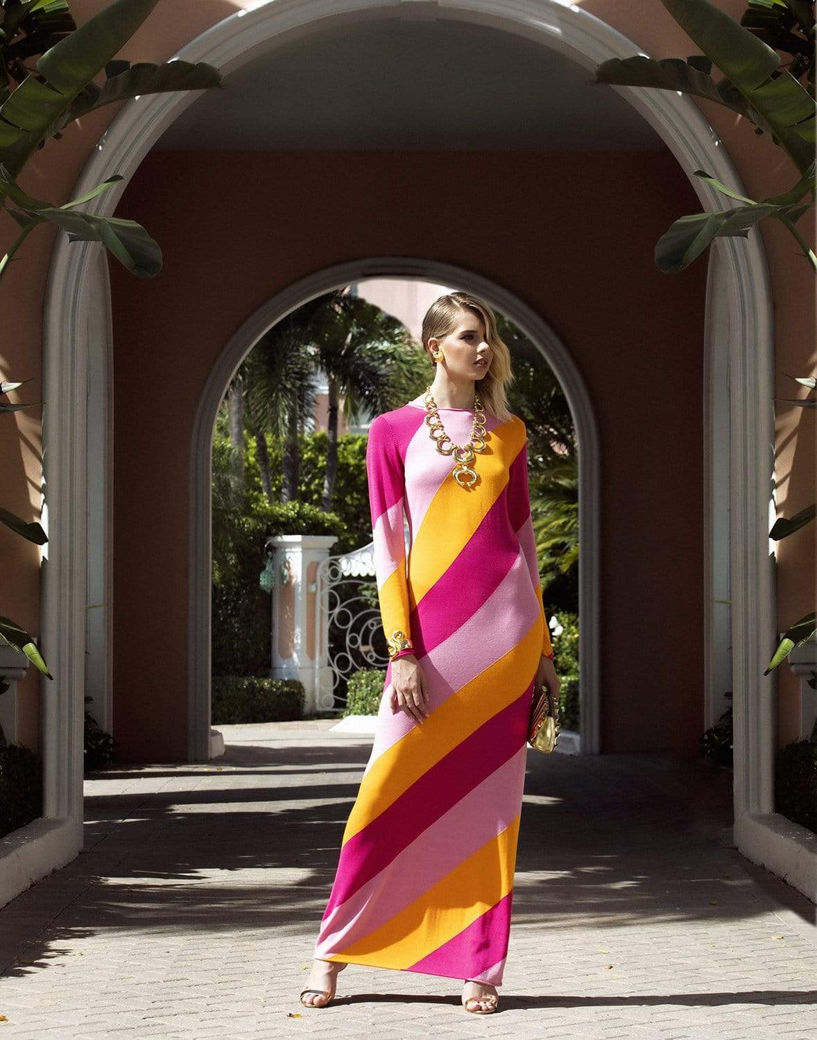 CAROLINA HERRERA-Long Sleeve Diagonal Striped Maxi Dress-