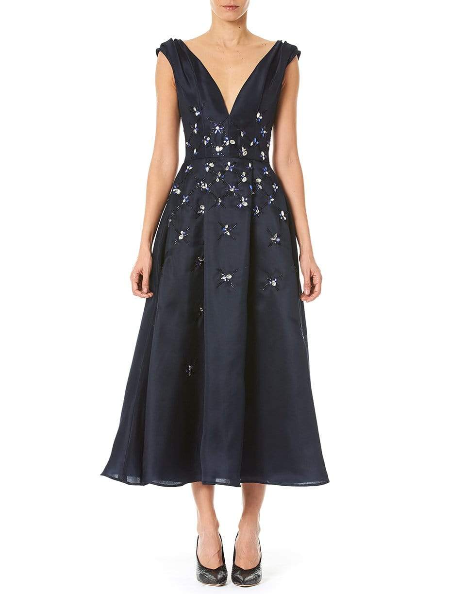 CAROLINA HERRERA-V-Neck Embroidered Dress-SAPPHIRE