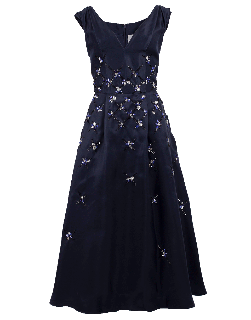 CAROLINA HERRERA-V-Neck Embroidered Dress-SAPPHIRE