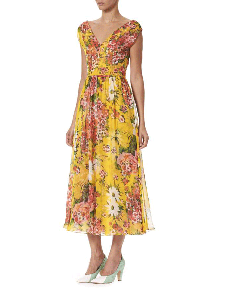 CAROLINA HERRERA-V-Neck Floral Midi Dress-