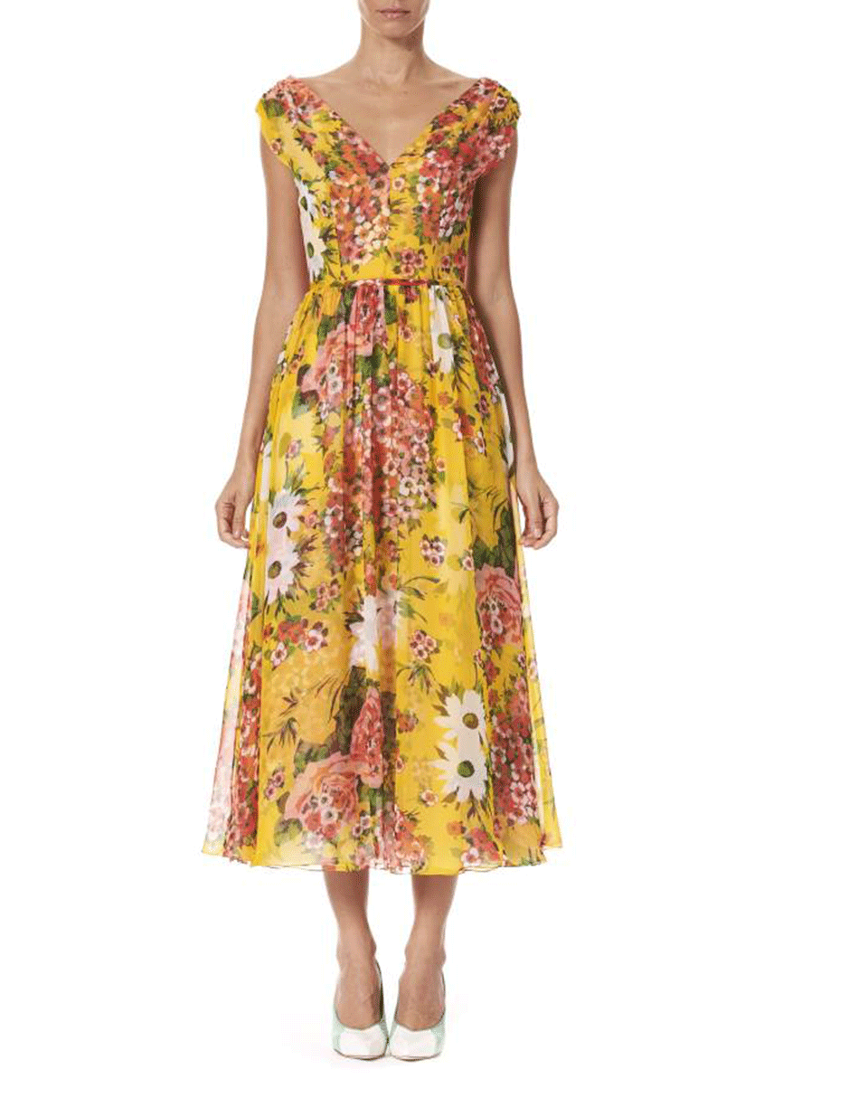 CAROLINA HERRERA-V-Neck Floral Midi Dress-