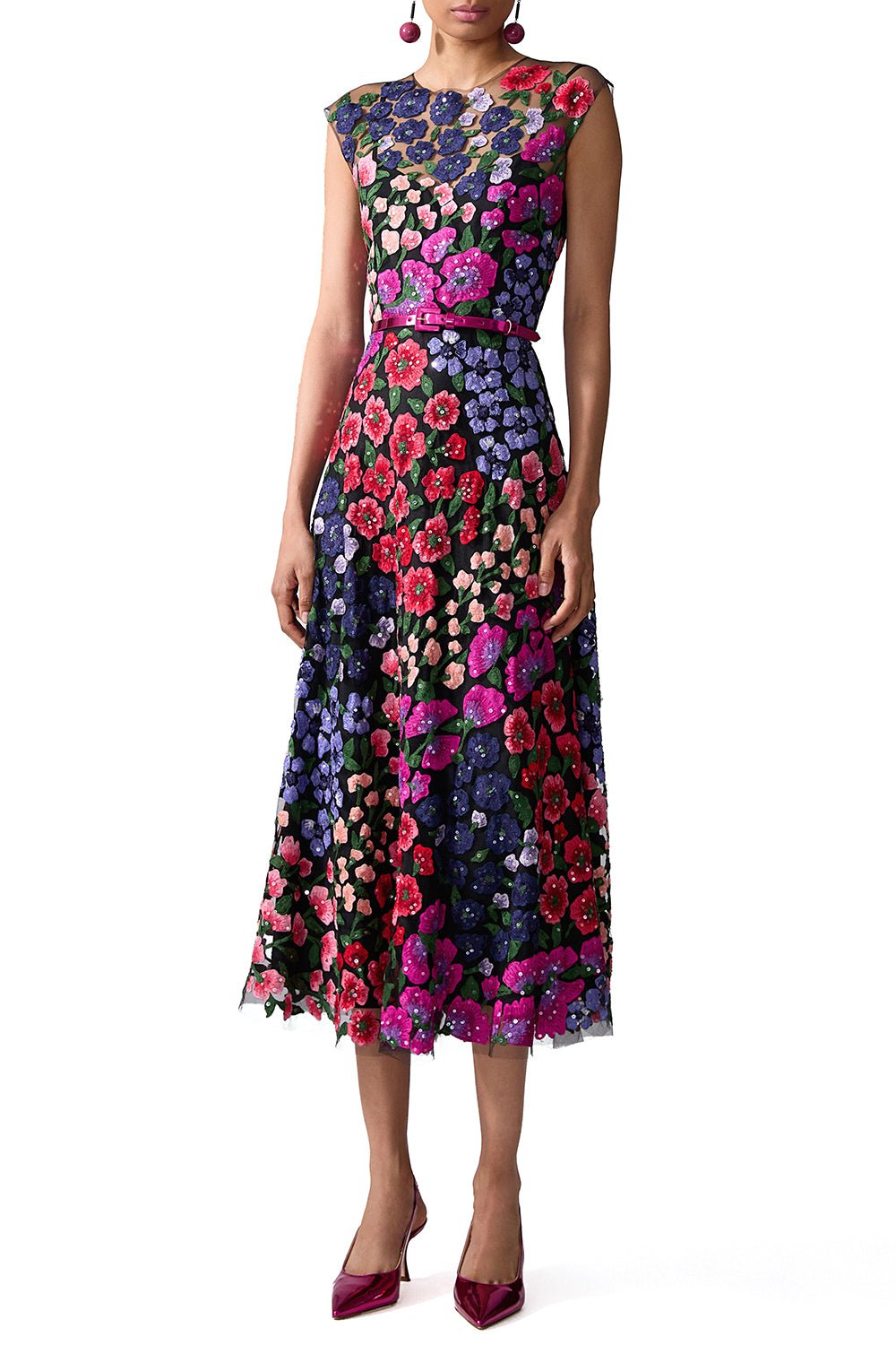 CAROLINA HERRERA-Embroidered Floral Crewneck Midi Dress-