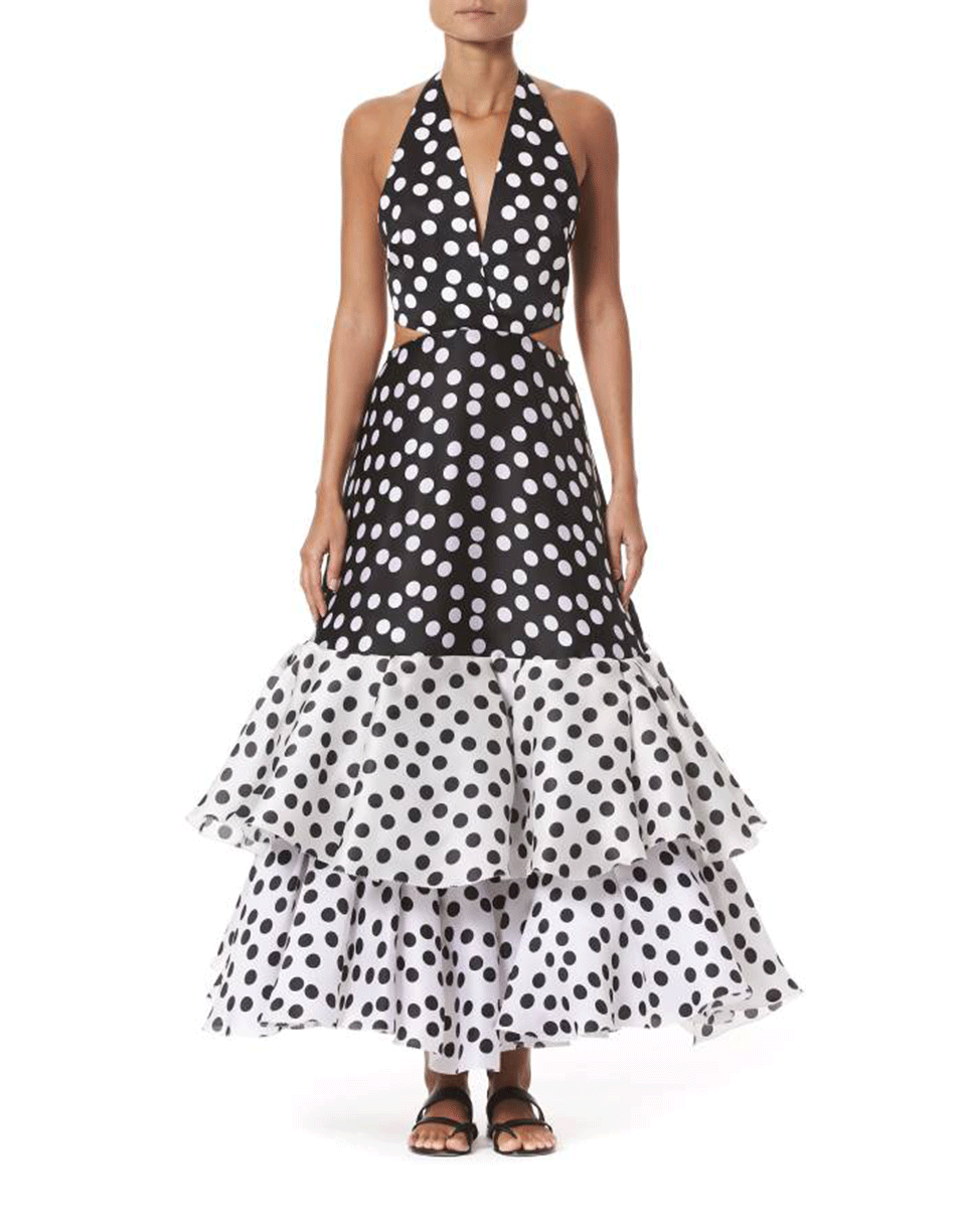CAROLINA HERRERA-Ruffle Hem Cutout Dress-BLK/WHT