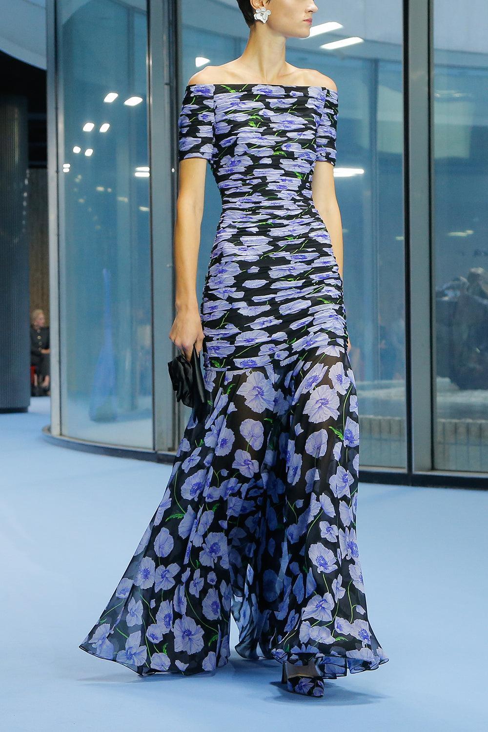 Off The Shoulder Gathered Gown-BLKMULTI-4-CLOTHINGDRESSGOWN-CAROLINA HERRERA