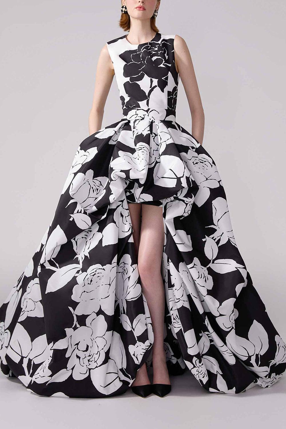 Sleeveless Hi Low Gown-BLK/WHT-2-CLOTHINGDRESSGOWN-CAROLINA HERRERA
