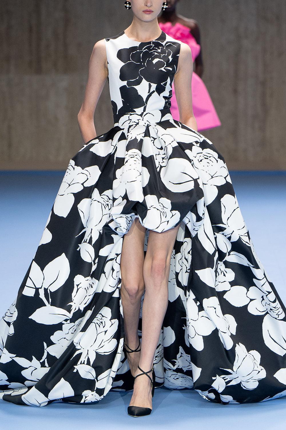 Sleeveless Hi Low Gown-BLK/WHT-2-CLOTHINGDRESSGOWN-CAROLINA HERRERA
