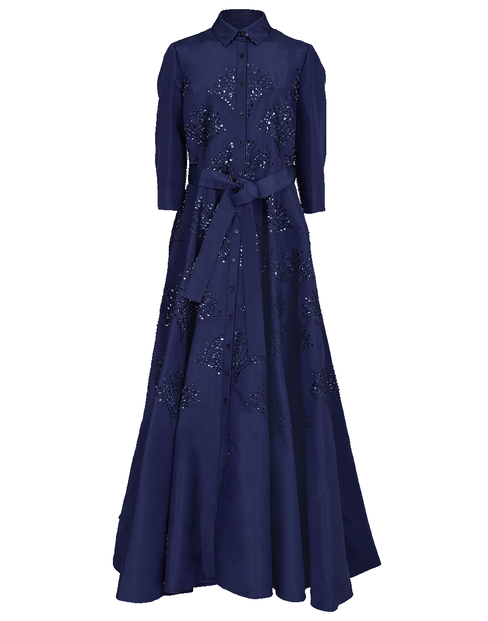 CAROLINA HERRERA-Embroidered Belted Trench Gown-SAPPHIRE