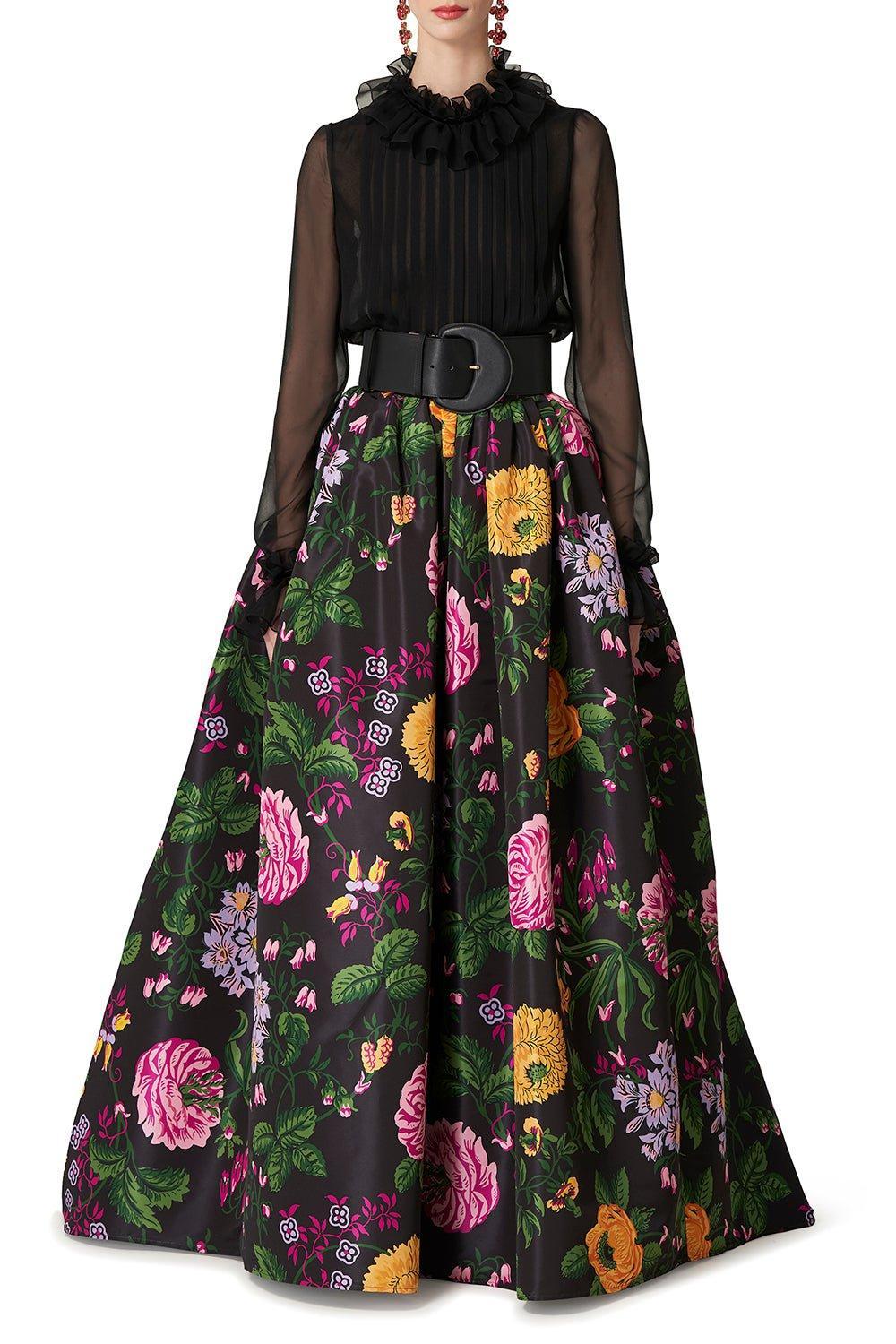 CAROLINA HERRERA-Full Floral Skirt-BLKMULTI