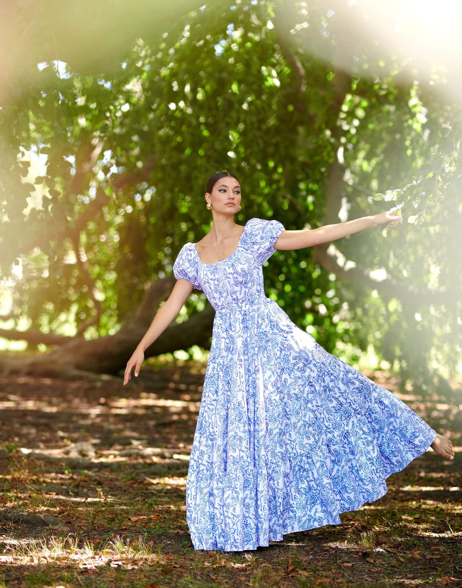CAROLINE CONSTAS-Blue Garden Toile Bardot Maxi Dress-