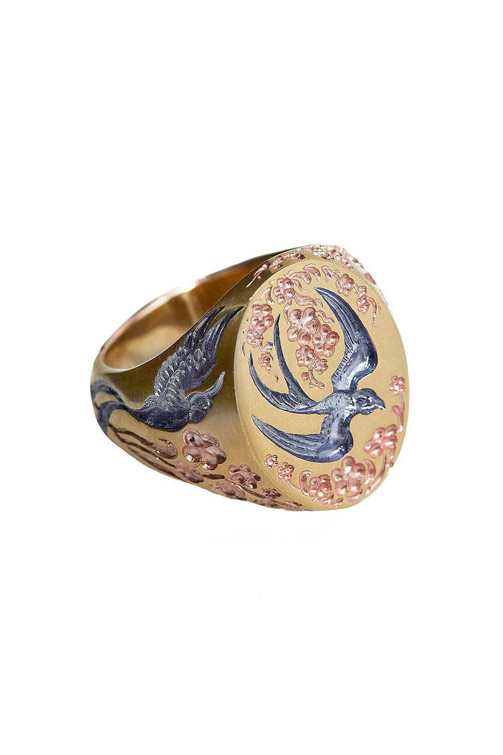 Pink Purple Swallow Hummingbird Signet Ring-YELLOW GOLD-6.5-JEWELRYFINE JEWELRING-CASTRO SMITH