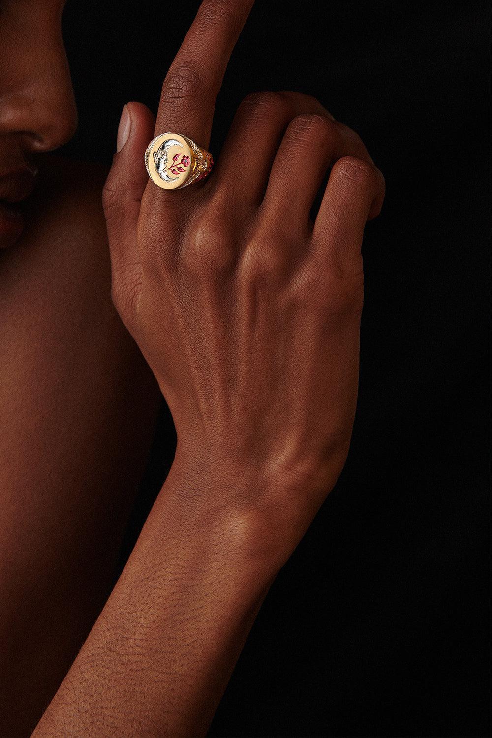 Ruby Moon Owl Signet Ring-YELLOW GOLD-7-JEWELRYFINE JEWELRING-CASTRO SMITH