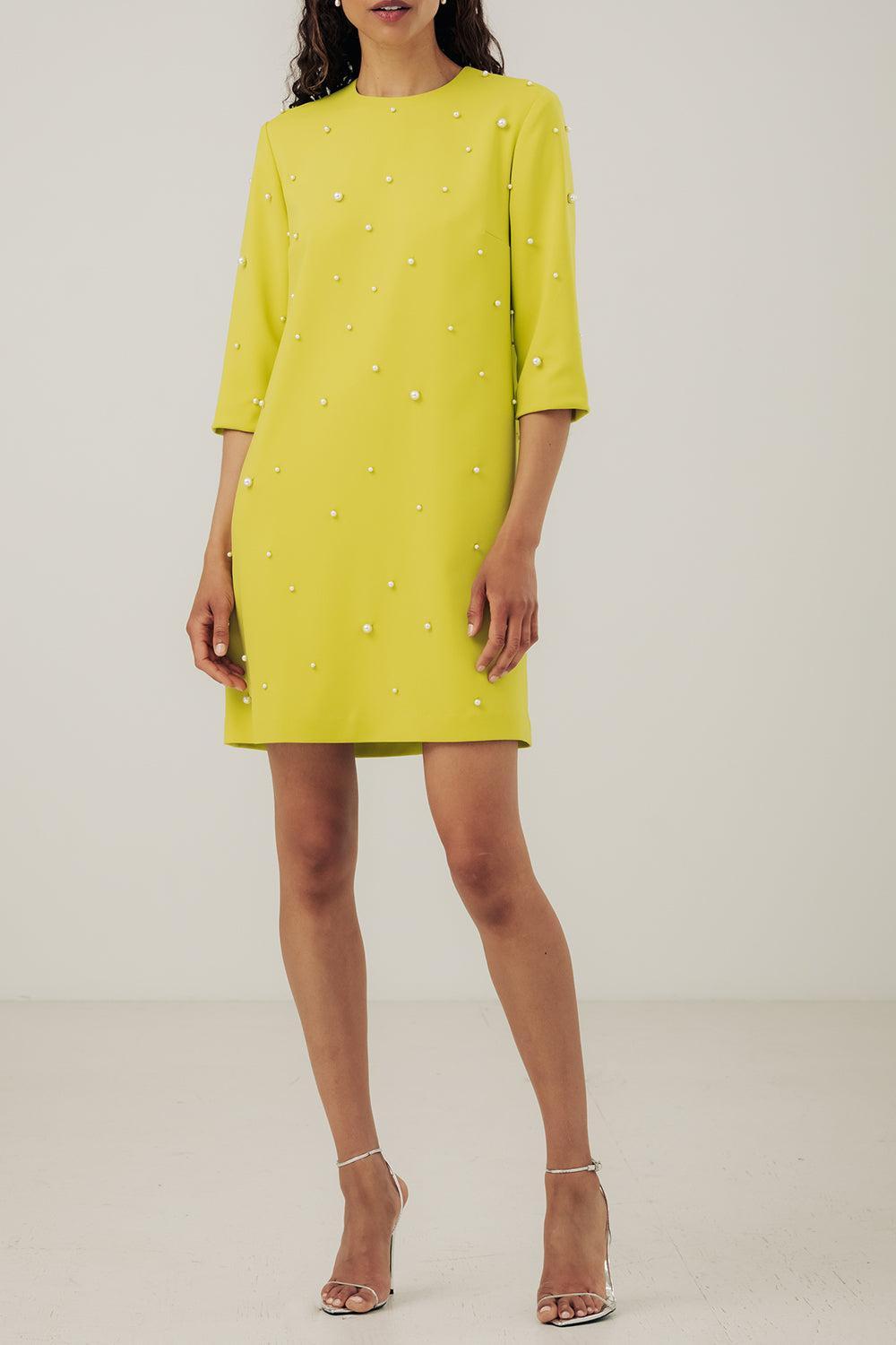 3/4 Sleeve Arak Dress - Bright Lime Pearl-BRT LIME-S-CLOTHINGDRESSCOCKTAIL-CATHERINE REGEHR