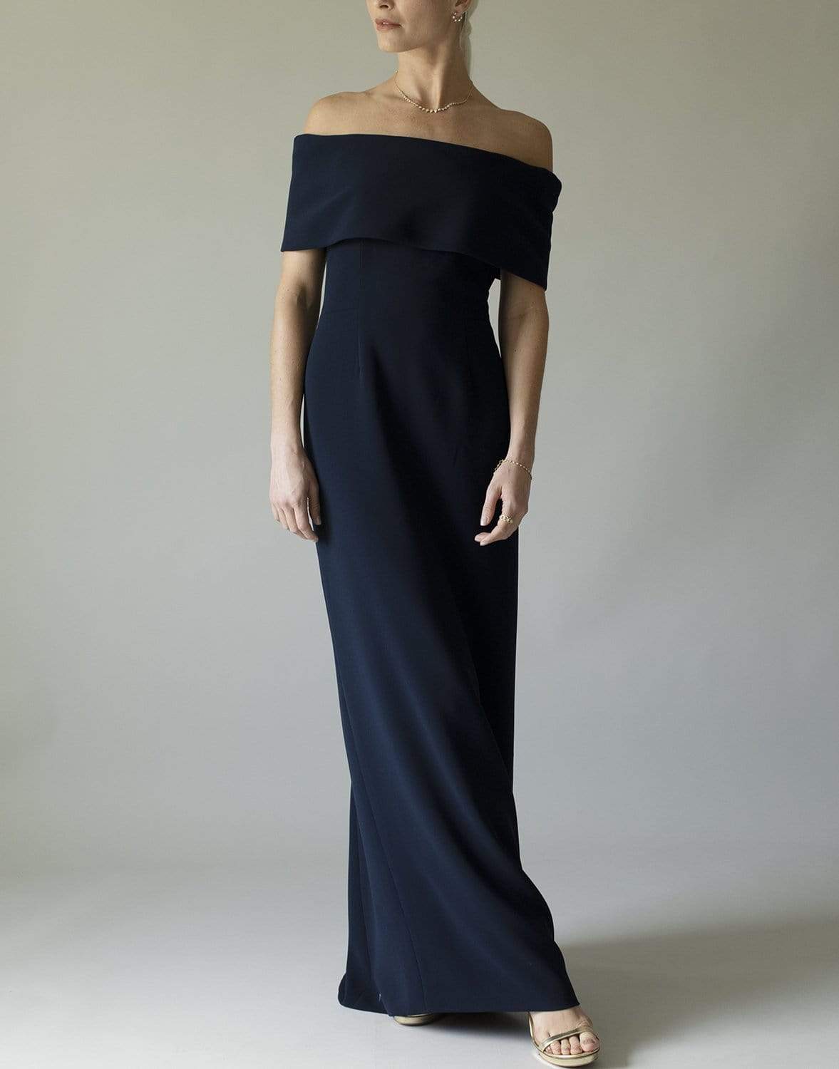 CATHERINE REGEHR-Navy Off The Shoulder Roll Collar Gown-