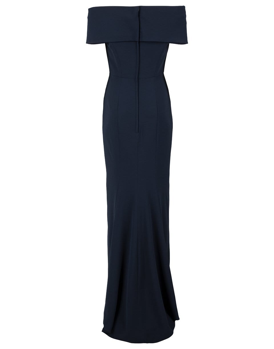 CATHERINE REGEHR-Navy Off The Shoulder Roll Collar Gown-