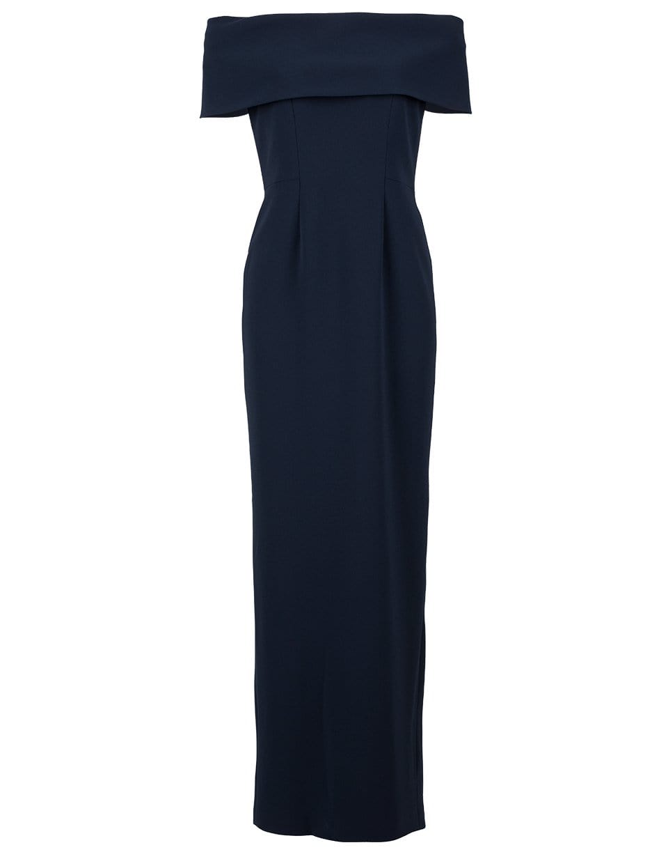 CATHERINE REGEHR-Navy Off The Shoulder Roll Collar Gown-