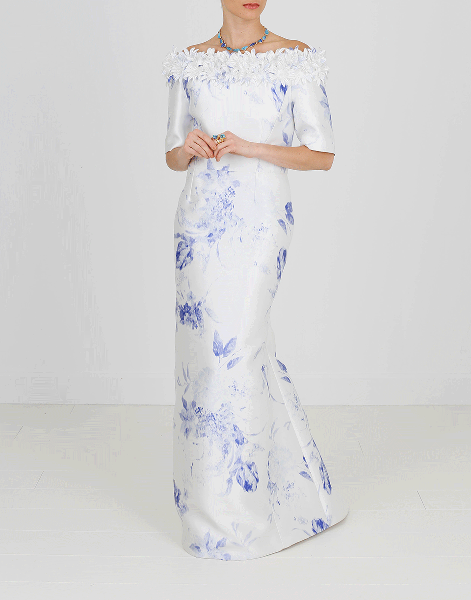 CATHERINE REGEHR-Off Shoulder Daisy Floral Gown-BLUE/WHT