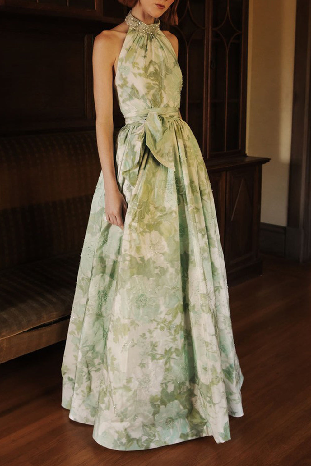 Floral T-Neck Gem Collar Gown-GREEN-6-CLOTHINGDRESSGOWN-CATHERINE REGEHR