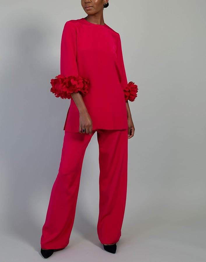 CATHERINE REGEHR-Red Silk Crepe Pull On Pant-